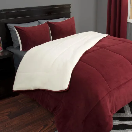 Bedford Home Juego de edredón matrimonial/queen, colcha de 3 piezas de sherpa y forro polar con fundas de almohada, ropa de cama cálida, acogedora,