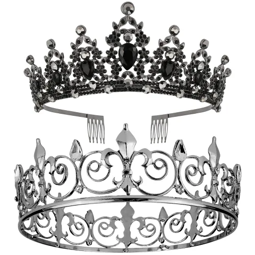 AOPRIE King & Queen Artemis Tiara y corona para mujeres y hombres, cristal, aleación, diamantes de imitación, formal, temático, unisex, negro, boda,
