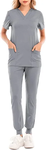 Miniatura 4 de Conjunto de ropa quirúrgica para mujer, conjunto de camiseta quirúrgica y pantalón deportivo, con cuello en V, manga corta, ropa de trabajo