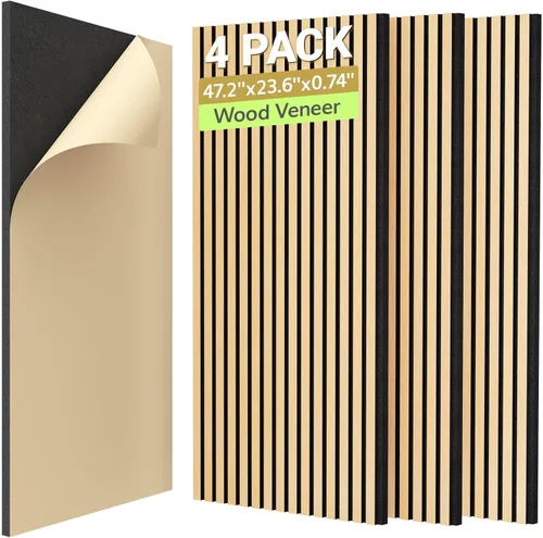 TONOR Paquete de 4 paneles de pared de chapa de madera acústica, panel autoadhesivo 3D de 47.2 x 23.6 x 0.74 pulgadas, azulejos insonorizados de