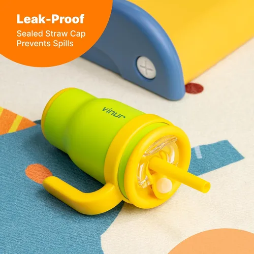 Miniatura 4 de VINUR Vaso para niños con asa - 14 oz de acero inoxidable con aislamiento al vacío de doble pared con tapa y pajita, vaso de agua de viaje