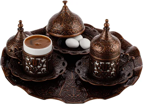 Miniatura 7 de Juego completo de preparación y servicio de café turco, griego y árabe DEMMEX con tazas, platillos, tapas, azucarero, bandeja y cafetera de cobre