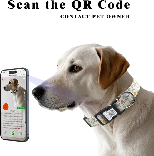 Miniatura 2 de Collares de perro para perros grandes, collar de perro con etiqueta de nombre de código QR, material de poliéster suave, collar ajustable para Flor
