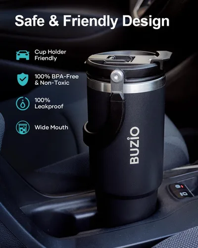 Miniatura 5 de BUZIO Vaso de 40 onzas con asa, vaso aislado con tapa 2 en 1 y popote, vaso de café helado aislado al vacío de acero inoxidable, taza de viaje a
