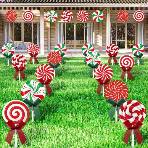 Marsui Paquete de 24 Letreros de Navidad de Menta para Patio, Letreros de Jardín de Caramelo con Estacas y Lazo, Letreros de Navidad al Aire Libre