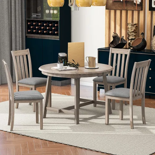 Miniatura 17 de Juego de mesa de comedor redonda clásica de 5 piezas con patas de forma especial y respaldo hueco para silla, para comedor, cocina, apartamento