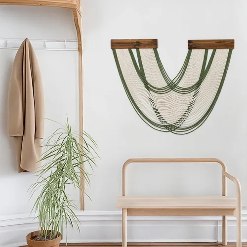 Miniatura 2 de Tapiz bohemio de macramé para colgar en la pared, tejido teñido anudado de fibra verde y blanca, hecho a mano, para colgar en la pared, grande