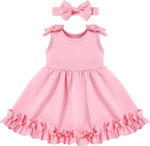 Baby Girl Tutu Dress Summer Sleeveless Ruffle Princess Birthday Party Dresses Flower Bowknot Sundress with Headband Set