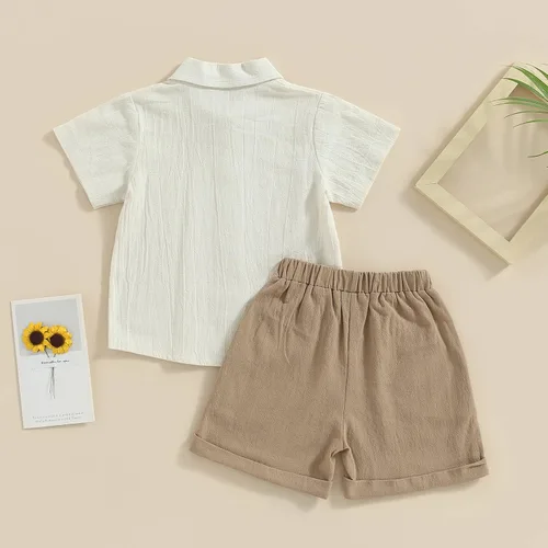 Miniatura 3 de Karuedoo Conjunto de 2 piezas de ropa de algodón y lino de manga corta con botones y pantalones cortos para el verano