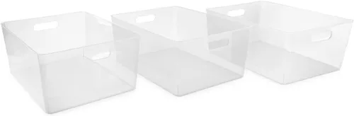 Isaac Jacobs Paquete de 3 contenedores de almacenamiento transparentes XL (13.9" x 10.6" x 5.75") juego con asas recortadas, organizador de