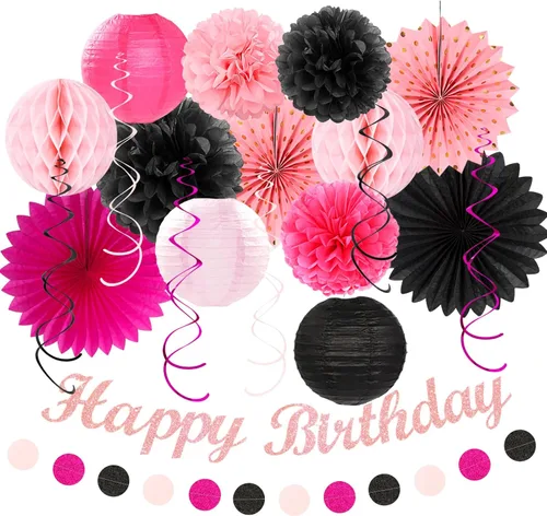 Miniatura 11 de Paquete de decoración de fiesta de cumpleaños para mujeres y hombres - 21 piezas. Banner feliz, papel de banderines, linternas de panal, pompones