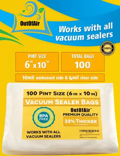 Miniatura 2 de 100 bolsas selladoras al vacío: Tamaño pinta (6 x 10 pulgadas) de OutOfAir. Funciona con FoodSaver y otras máquinas - 33% más gruesas, sin BPA