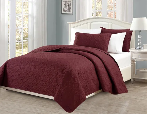Miniatura 2 de Colección Mk King/California King Tamaño Extra Grande 118"x106" Colcha Cobertor de Cama de 3 Piezas con Diseño de Diamantes Realzado Sólido Borgoña