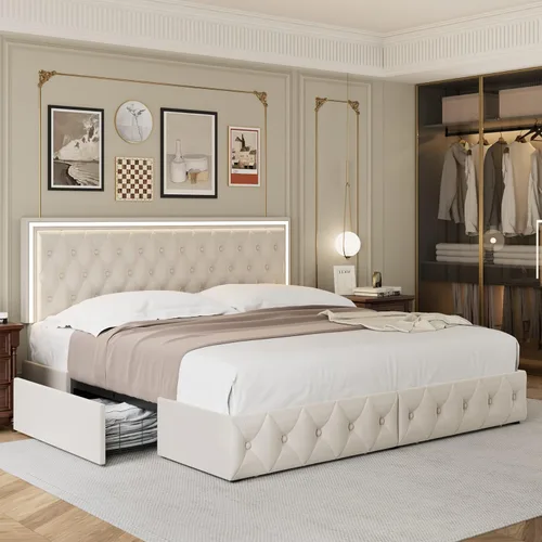 Miniatura 9 de Keyluv Marco de Cama Tapizada con LED Tamaño King con 4 Cajones, Cama de Plataforma de Terciopelo con Almacenamiento con Cabecero Capitoné de Beige