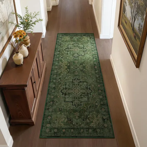 Miniatura 43 de Alfombra de pasillo profundo azul 2x8, alfombra de pasillo lavable antideslizante para entrada interior, alfombra de medallón vintage de 0.27