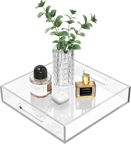 Miniatura 8 de Bandeja decorativa para mesa auxiliar para el hogar, 10 x 10 pulgadas, elegantes bandejas de acrílico con asas, funciona para comer, desayuno, Negro
