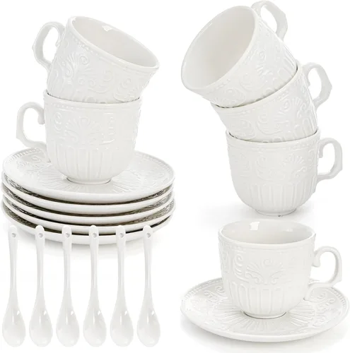 ZAVOOS Juego de 6 tazas de té y platillo, tazas de té de porcelana vintage pequeñas de 6 onzas con cuchara, juegos únicos de tazas de capuchino