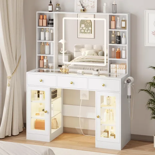Miniatura 8 de HUANLEGO Tocador Negro con Espejo y Luces, Tocador con Superficie de Cristal con Espejo Iluminado y Gabinete de Vidrio RGB y 3 Cajones, Tocador
