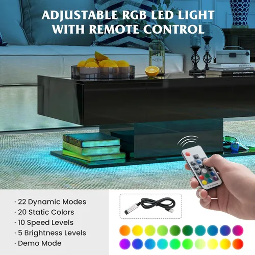 Miniatura 6 de Tangkula Mesa de centro LED con 2 cajones, mesa central moderna de alto brillo, luces LED regulables de 20 colores y control remoto, mesa auxiliar