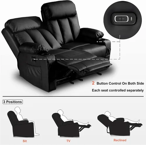 Miniatura 3 de MCombo Sofá de dos plazas reclinable eléctrico con calor y masaje, sofá reclinable para sala de estar, piel sintética 6075 (negro)