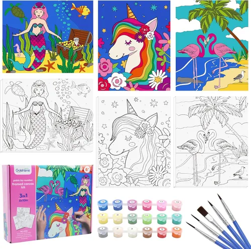 Miniatura 6 de goldentime Paquete de 3 Kits de Pintura por Números para Niños, Pintura en Lienzo Predibujado, Incluye Lienzo Enmarcado de 8 x 10 Pulgadas con 18