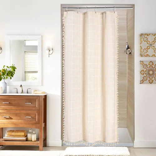 Miniatura 19 de MitoVilla Juego de cortinas de ducha estilo bohemio, modernas cortinas de ducha bohemias para decoración de baño, cortina de ducha de tela de lino