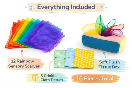 Miniatura 4 de Caja de pañuelos para bebé, juego Montessori para bebés y niños pequeños, caja texturizada sensorial con 12 bufandas coloridas a juego y 3 piezas
