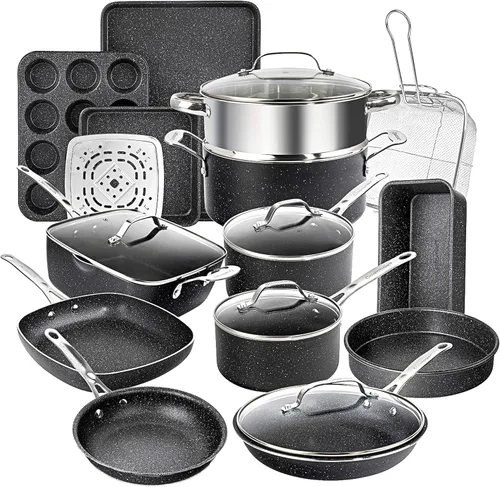 Granitestone True Juego de 20 Piezas de Ollas y Sartenes Antiadherentes con Sartén Cuadrada Profunda y Juego de Utensilios para Hornear, No Tóxico,