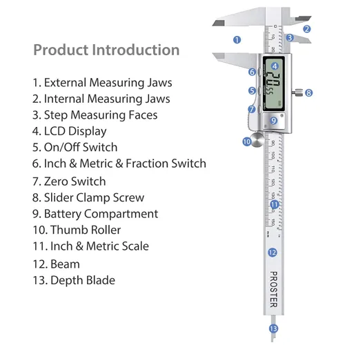 Miniatura 2 de Proster Calibrador Vernier digital de 6 pulgadas, 5.906 in, fracción de pinza electrónica, pinza métrica para longitud, ancho, profundidad, diámetro