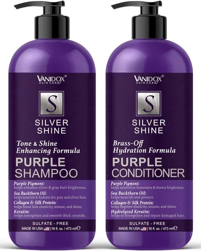 VANIDOX - Juego de champú y acondicionador tonificante púrpura sin sulfato para cabello gris y plateado, hidratante y protector del color, mejora el