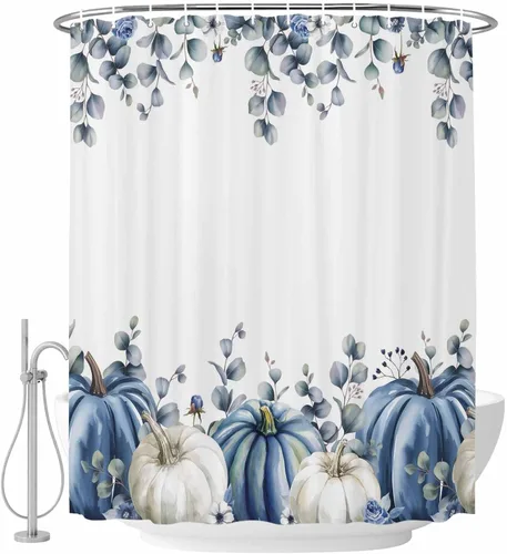 Miniatura 12 de Cortina de ducha de calabaza azul para baño, calabazas blancas, hojas verdes, cortinas de baño con ganchos, tela de poliéster impermeable, cortinas