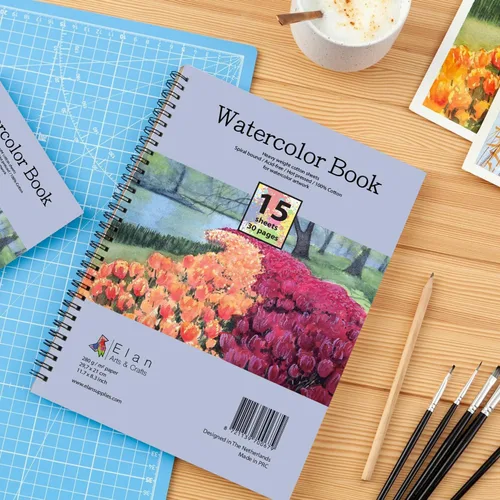 Miniatura 6 de Elan Libro de acuarela A4, papel de acuarela italiano 100% algodón, 15 hojas de papel de 10.58 oz/m², cuaderno de bocetos de acuarela A4, papel