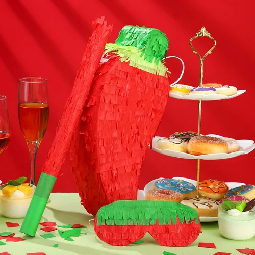 Miniatura 5 de Meooeck Piñata de chile rojo con palito de piñata y venda, piñata divertida para fiesta de festivales de pimiento picante, decoración de fiesta