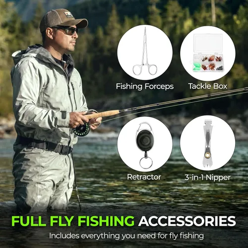 Miniatura 4 de TOPFORT Combo de caña y carrete para pesca con mosca, kit de inicio de 4 piezas, caña ultraportátil ligera de grafito, paquete completo de inicio