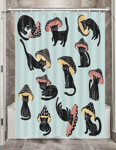 Miniatura 16 de MERCHR Cortina de Ducha de Gato Lindo Campista para Baño de Remolque de Viaje, Divertido Juego de Cortinas de Ducha de Tela Negra con Gato