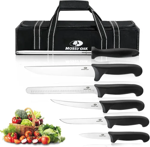 Mossy Oak Juego de cuchillos de cocina, 6 cuchillos de chef con bolsa de rollo, cuchillo afilado de acero inoxidable para cortar carne, frutas y