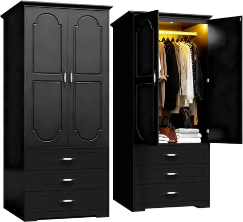 FJTJBSI Armario Armario con 3 cajones y luz LED de 72 pulgadas, armario de madera para dormitorio con 2 puertas y manijas de puerta de cerámica
