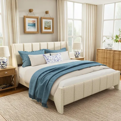 Miniatura 3 de Brafab Full Boucle - Base de cama tapizada con cabecera con respaldo de ala, no necesita somier, fácil montaje, cama de plataforma con listones