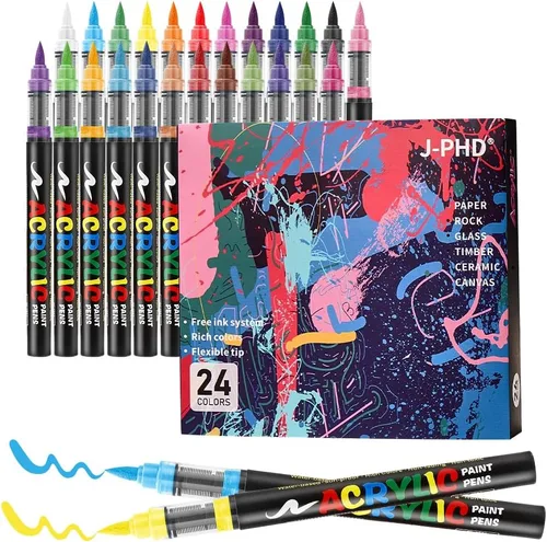 Marcadores de pintura acrílica | Punta de pincel de 24 colores | Marcador para colorear lavable | Bolígrafo de dibujo sobre papel, madera, lienzo |