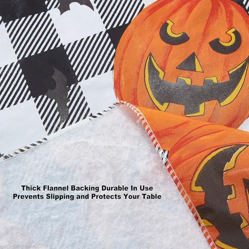 Miniatura 5 de Newbridge Mantel de vinilo con parte trasera de franela de Halloween Jack O Lantern Pumpkin Farm, diseño de calabazas y murciélagos a cuadros negros