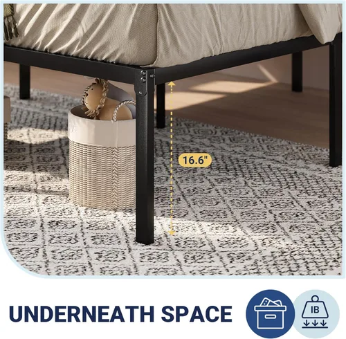 Miniatura 6 de Allewie Base de cama individual, camas de plataforma de metal de 18 pulgadas con espacio de almacenamiento, no necesita somier y fácil montaje, Negro