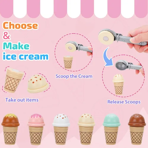 Miniatura 4 de ZJEFUNS Juguetes de Helado de Madera para Niños, Tienda de Helados de Juguete para Niños Pequeños, Comida de Simulación para Jugar, Servir con Rosa