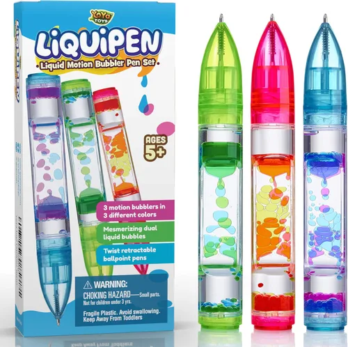 YoYa Toys Liquipen - Bolígrafo de burbujas de movimiento líquido (paquete de 3) - 3 colores - Bolígrafos coloridos con temporizador para