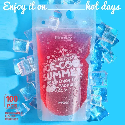 Miniatura 2 de Teenitor 100 bolsas de bebida con pajitas, bolsas de bebidas para jugos para adultos, bolsas de bebida reutilizables para licuados de jugos, bolsas