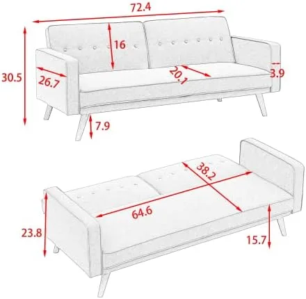 Miniatura 2 de anwickjeff Sofá cama tipo futón convertible, sofá cama plegable de lino moderno con respaldo dividido, respaldo ajustable, reposabrazos, marco