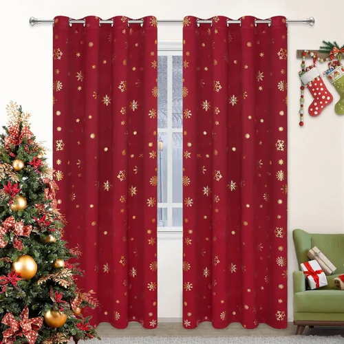 Miniatura 11 de FRAMICS Cortinas de Navidad con estampado de copos de nieve dorados en papel de aluminio, cortinas opacas con aislamiento térmico para sala de estar