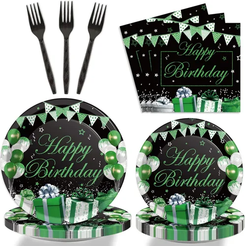Miniatura 9 de 96 piezas de decoraciones de fiesta de feliz cumpleaños en negro, blanco y plateado, juego de vajilla de cumpleaños, confeti espolvoreado, platos