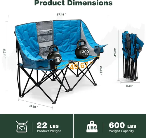 Miniatura 3 de SUNNYFEEL Silla Plegable Doble de Camping, Silla Loveseat Sobredimensionada, Silla de Césped Portátil/Plegable Resistente con Almacenamiento