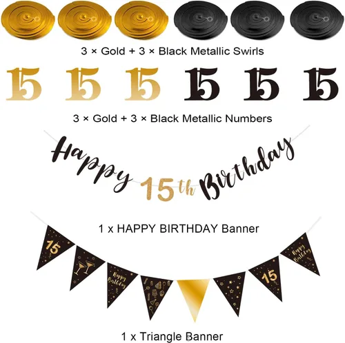 Miniatura 2 de BRT Bearingshui Kit de decoración de cumpleaños número 15 para niños y niñas, pancarta de feliz cumpleaños 15, serpentinas de remolinos, pancarta