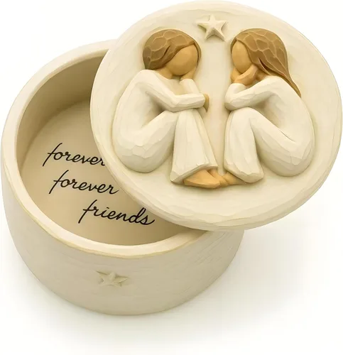 GoGnome Forever Friends Caja de Recuerdos de Resina – Caja de Regalo de Amistad Pintada a Mano con Dos Figuras de Ángel, 3" x 2"H – Regalo